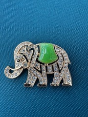 Vintage Monet Elephant Brooch Gold Tone Pave Rhinestones Jade Green Signed
