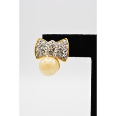 Vintage Crystal Bow Earrings Rhinestone Crystal Pearl Gold Tone 1990s 90s BinAG