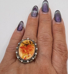Vintage Adjustable Floral Glass Oval Cocktail Ring Gold Brass Multicolor