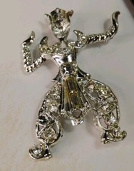Thai Bali DANCER 2″ Exotic Figural Costume, Silver Tone Brooch, Clear Stones!