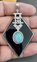 Platinum 8.5CT Opal, 0.60CTW Diamond & Onyx Pendant(BU34)