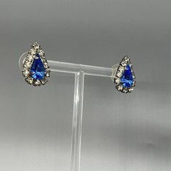 Vintage Teardrop Rhinestone Earrings Blue & Clear Crystal Accent Post Pierced El
