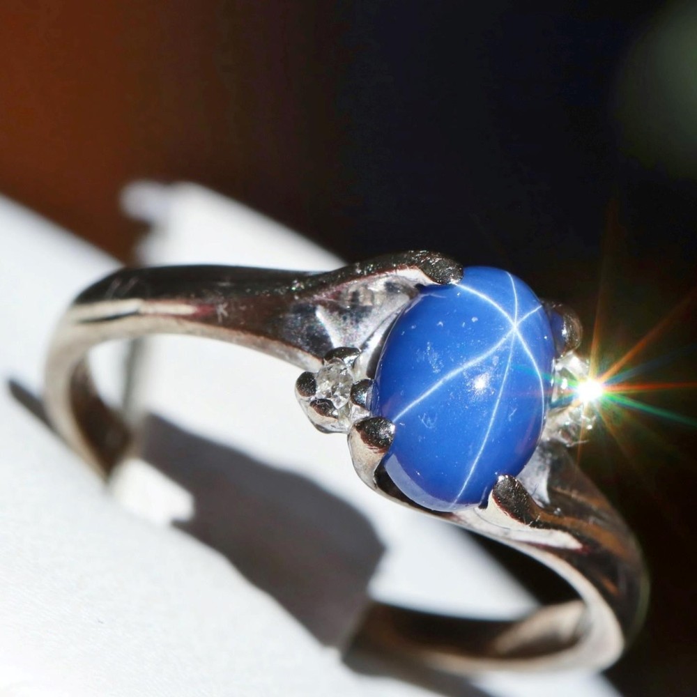 10k w/gold sz 5 ring 1.00ct lab created blue star sapphire diamond 1.72gr N3505