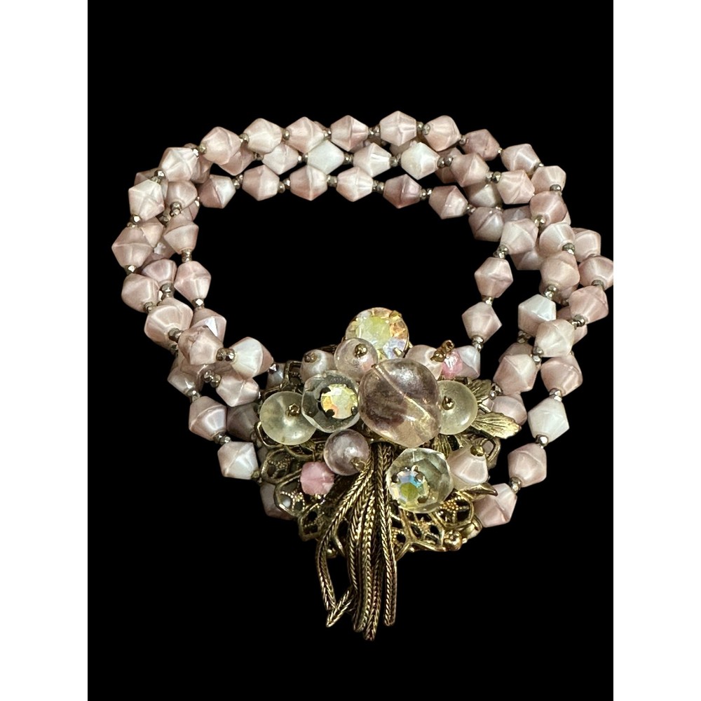 Vintage Pink Opaline Glass Multi Strand Bracelet AB Rhinestone Floral Tassel