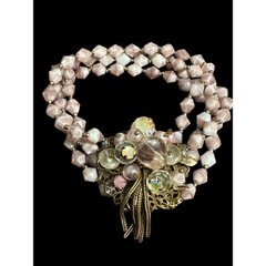 Vintage Pink Opaline Glass Multi Strand Bracelet AB Rhinestone Floral Tassel