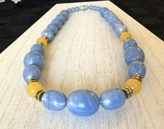 Vintage Blue Marbled Lucite Bead Necklace Graduated Statement Gold Tone Spacers