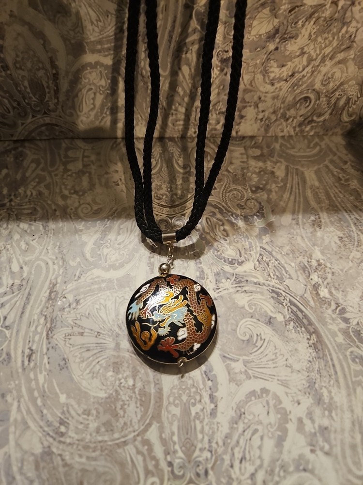 Vintage Double Sided Dragon Design Cloisonne Pendant Necklace 16.5″ Long