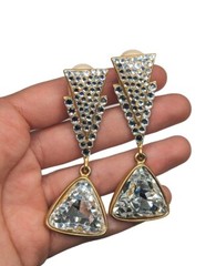 Amazing Statement Clear Crystal Dangle Drop Gold Tone Runway Clip On Earrings 3″