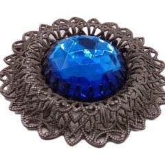 Vintage Filigree Brooch Large Blue Glass Stone Antique Silvef Tone 2 1/2 in D