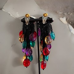 Vintage 80s Colorful Beaded Clip On Earrings Funky Chunky Dangle Statement Retro