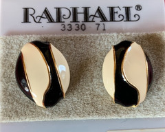 Vintage Raphael Black/White/Gold tone Enamel Pierced Earrings 14 kt Posts