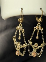 Antique Chandelier Peach Beads Earrings Alloy Metal Self Clasp Beautiful 2inch