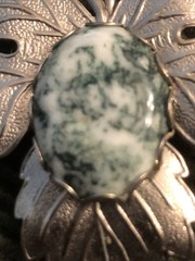 Vintage Brooch Maple Leaf Dark Green Cabochon Stone Silver Tone Pristine Cond