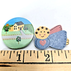 Brooches Pins 2 Wooden House Angel Hand Painted Wood Broach 1.5″ In Vtg