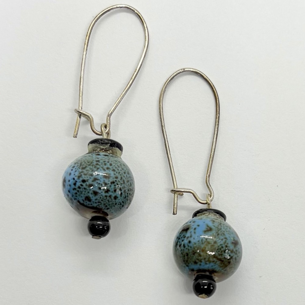 Vtg Boho Blue Speckled Pottery Bead Drop Hoop Wire Dangle Earrings