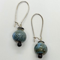 Vtg Boho Blue Speckled Pottery Bead Drop Hoop Wire Dangle Earrings