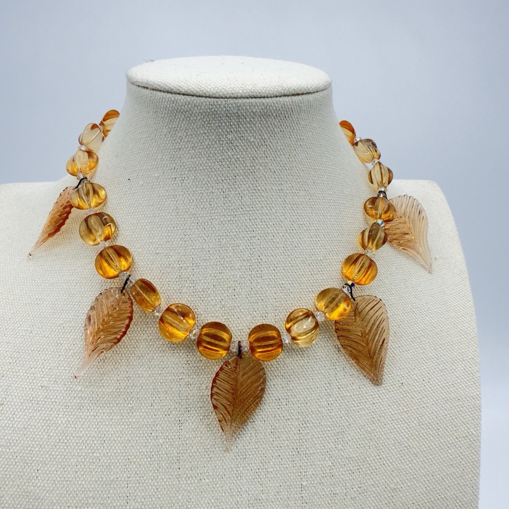 Vtg Art Glass Necklace Amber Citrine Molded Leaves Charm Mellon Beads Read