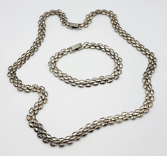 Vintage Silver Tone 3-Row Chain Necklace And Bracelet Set 7″-21″ Fold Over Clasp