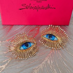 Schiaparelli Blue Eye Shape Luxurious Texture Golden Earrings WITH BOX