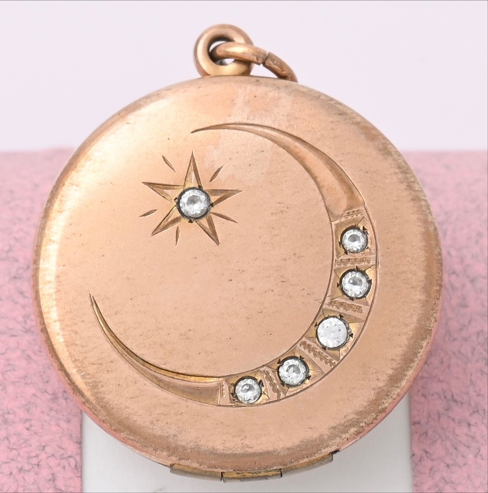 Antique Victorian Crescent Moon Star Rose Gold Filled Paste Pendant Locket