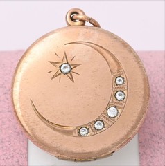 Antique Victorian Crescent Moon Star Rose Gold Filled Paste Pendant Locket