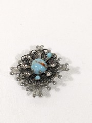 Damaged!! VTG Silver Tone Faux Turquoise Cabochon Round Pendant Brooch Pin 1.25″