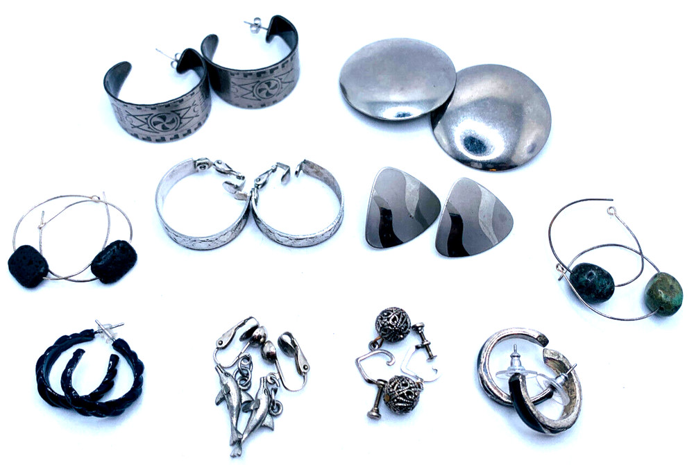Lot 10 Vtg Silvertone 1980s 1990s Hoop Stud Dangle Earrings, Cute Dolphins