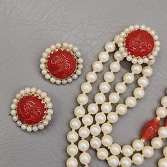 Vtg Bead Necklace Earrings Faux Pearls Layered Peach Art Glass Hong Kong 31″