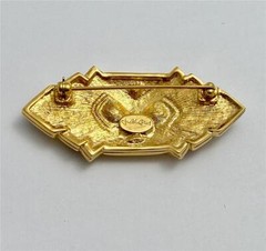 Vintage Jackie Collins 18K Gold Plated Black Enamel Clear Crystal Brooch Pin