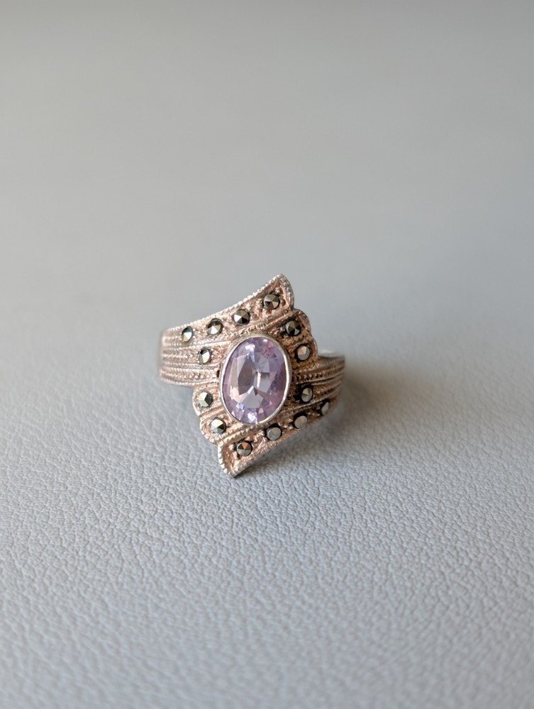 VTG SterlingSilver FAS Marcasite Amethyst Shield RingS6.5 February Birthstone