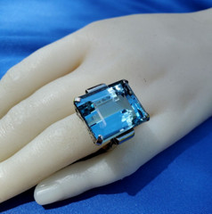 Original LONDON blue Topaz Deco Engagement Ring Vintage Statement 14K WHITE GOLD