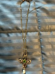 Victorian 18ct Gold Peridot Diamond Seed Pearl Lavalier Necklace Macy’s COA