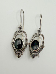 SILVER TONE BLACK STONE DANGLE DROP EARRINGS WOMENS HOOK FILIGREE STATEMENT