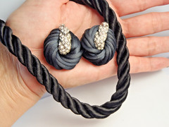 Vintage Twisted Black Cord Push Snap Lock Choker and Clip on Earring Set