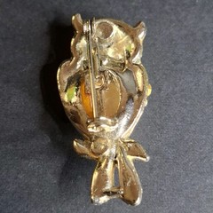 Owl Brooches Green and Red Eyes Rhinestone Gold and Silver Tone Pins Vintage