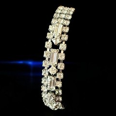 Rhinestone Bracelet Clear Crystal Tennis Baguette Rhodium Plated 1950s 6.5 Inch