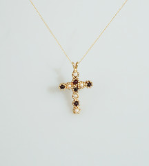 14K Solid Gold Large Ornate Garnet Pearl Christian Cross Necklace, 1.5 Inches