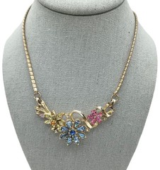 Vintage Corocraft Necklace Rhinestone Flowers Pastel Floral Signed Jewelry