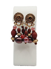 Burgundy Cranberry Copper Colored Multi Shape & Strand Bead Pierced Vtg Earrings