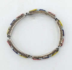 Vintage Micro Mosaic Link Bracelet Multi Color Floral Silver Tone 5 Panel