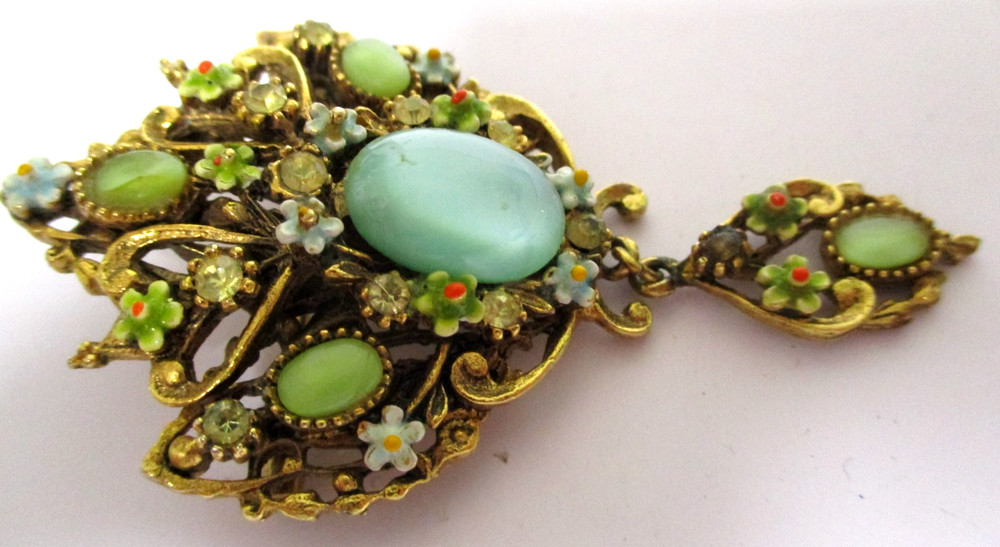 Vintage ART Arthur Pepper Flower Dangle Brooch Teal Glass Gemstones Pin RARE