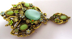 Vintage ART Arthur Pepper Flower Dangle Brooch Teal Glass Gemstones Pin RARE
