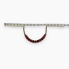 Vintage Artisan Beaded Necklace Chunky Red Black Gold Disc Wood Acrylic Metal