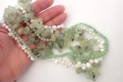 Vintage Multi Strand Necklace Freshwater Pearls & Pale Green Prehnite Gemstones