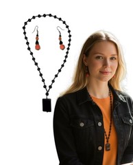 Vintage Coral Czech BEADED Earrings & Black Onyx Beaded Necklace-Estate Item