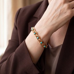 Antique 15k 15ct Yellow Gold Victorian Curb Link Bracelet with Turquoise 7.25 in