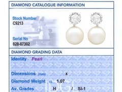 Vintage Cultured Pearl and 1.07Ct Diamond Platinum Earrings Circa 1950
