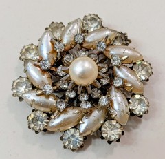 Vintage Silver Tone Marquise Faux Pearl Rhinestone Cluster Flower Brooch Pin
