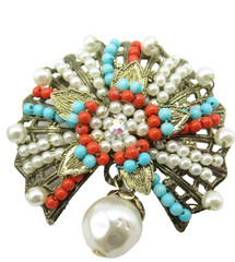 Set Blue White Red Small Bead Brooch and Matching Clip On Earrings Vintage