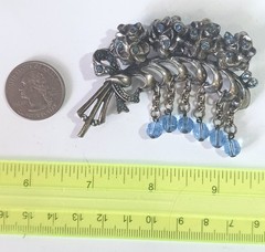 Vintage Pot Metal Floral Spray Brooch w/ Blue Rhinestones & Blue Dangling Beads